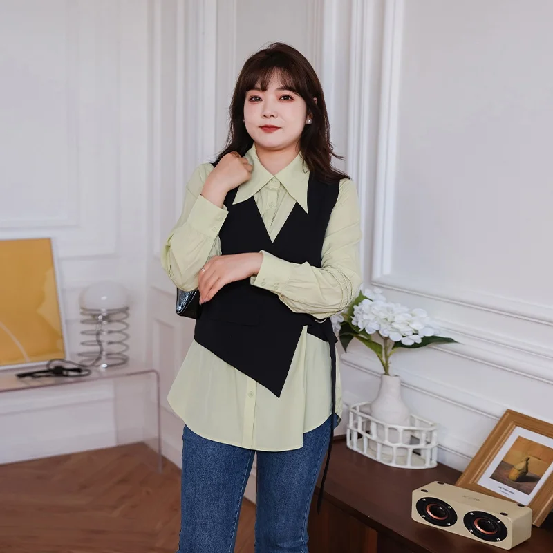 플러스 사이즈 여성 의류 2023 봄 새로운 연령 감소 세트 지방 mm 겹침 착용 조끼 옷깃 셔츠 슬리밍 배 커버 투 피스 세트