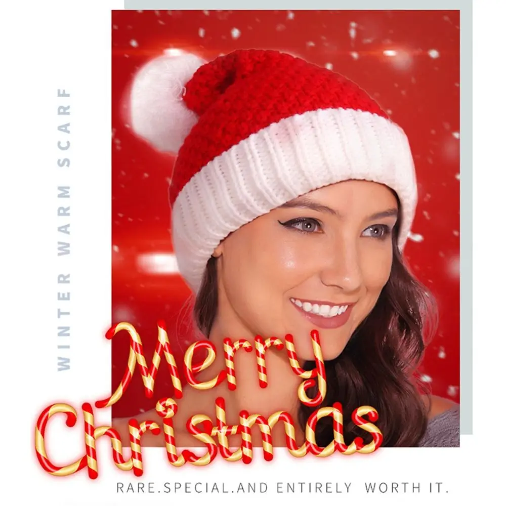 Warm Strip Knitted Christmas Hat Cloth Accessories Cartoon Plush Ball Soft Beanie Muffler Knitting Santa Hat Women