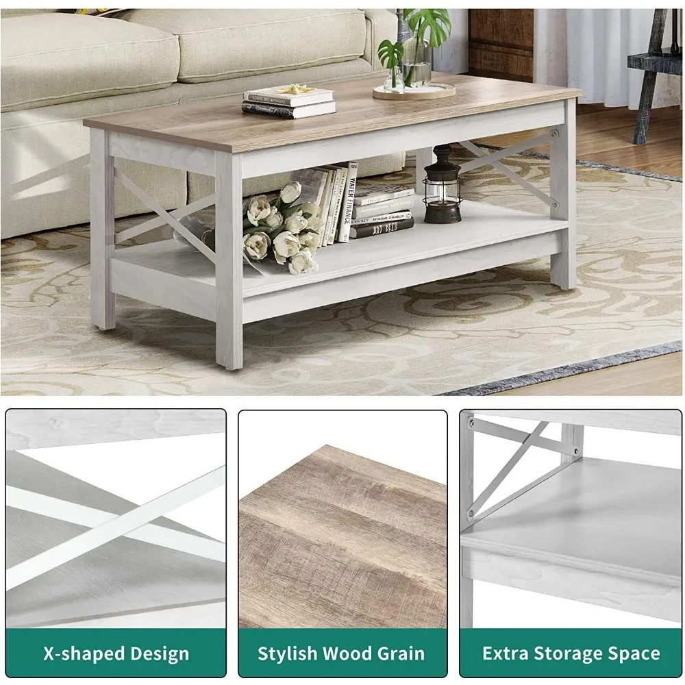 Table 2-Tier Wood Center Table with Storage Shelf for Living Room, Gray, 39.7" 4