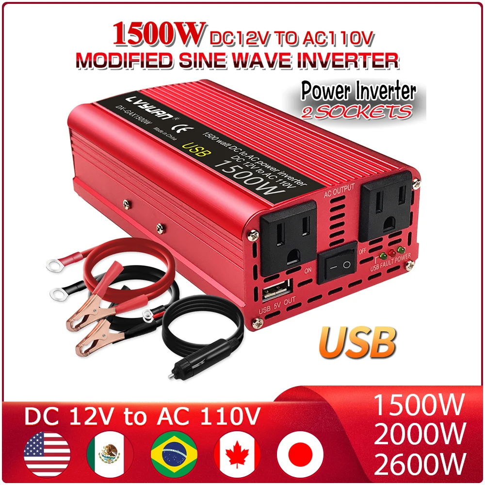 Inverter 12V 110V 60hz 1500W 2000W 2600W portable household converter us socket automotive accessories