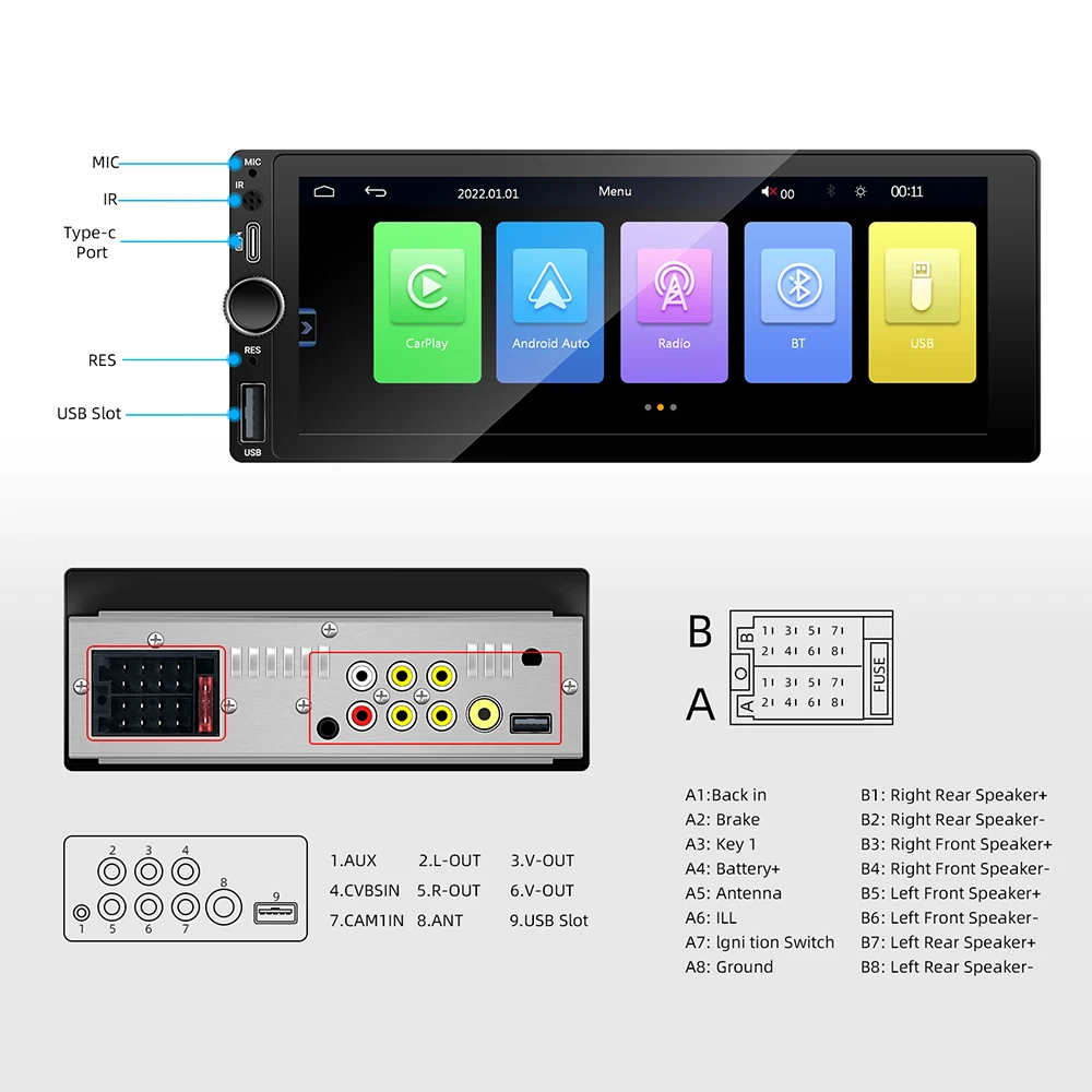 6.86 Inch 1 Din Universal Car Radio for Kia Lada Ford VW Opel Jeep Wired Carplay BT Navigation GPS MP5 Player FM Stereo