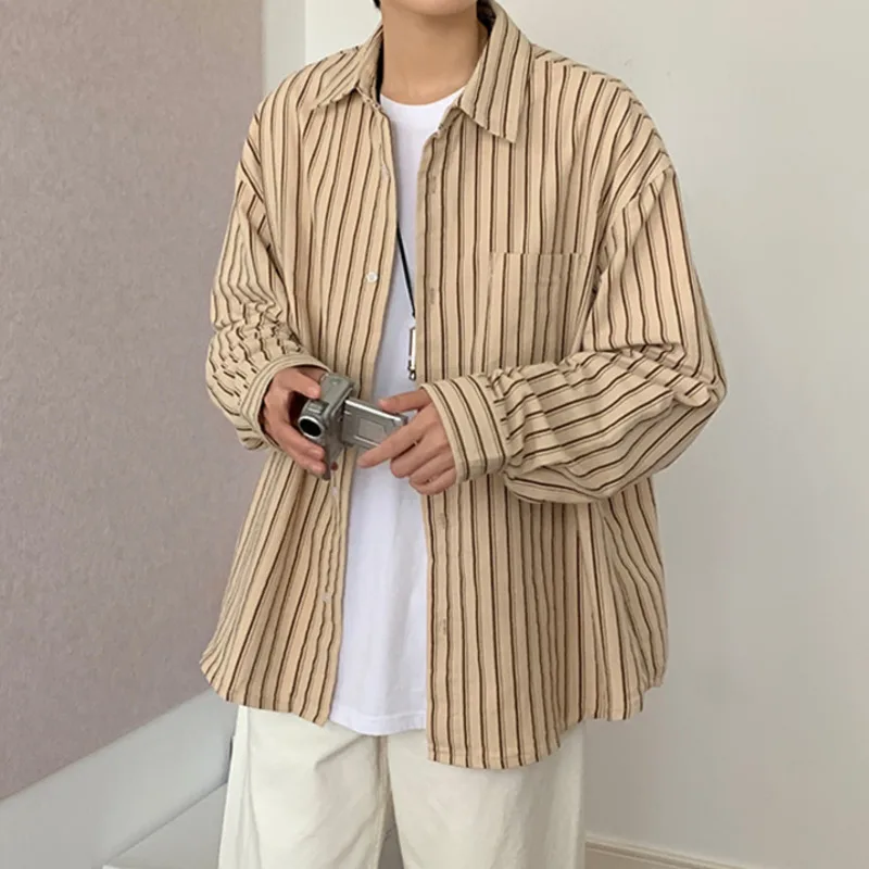 PFNW Men's Striped Shirt Vintage Loose Lapel Long-sleeve Single-breasted Pocket Design Fashion Korean Style Male Top 28W3159