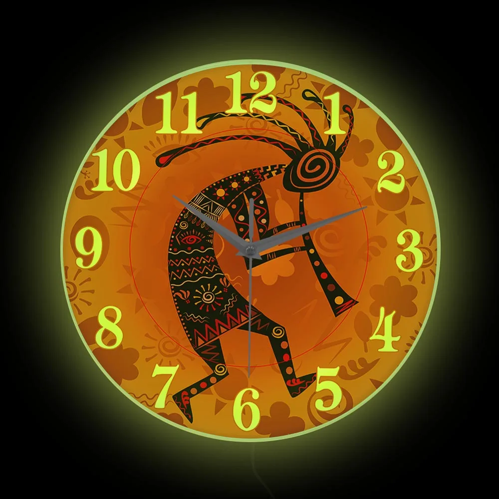 

Kokopelli Dancing LED Lighting Wall Clock For Living Room Humpbacked Flute Player Lighted Glowing Neon Sign Luminous Wall Clock
