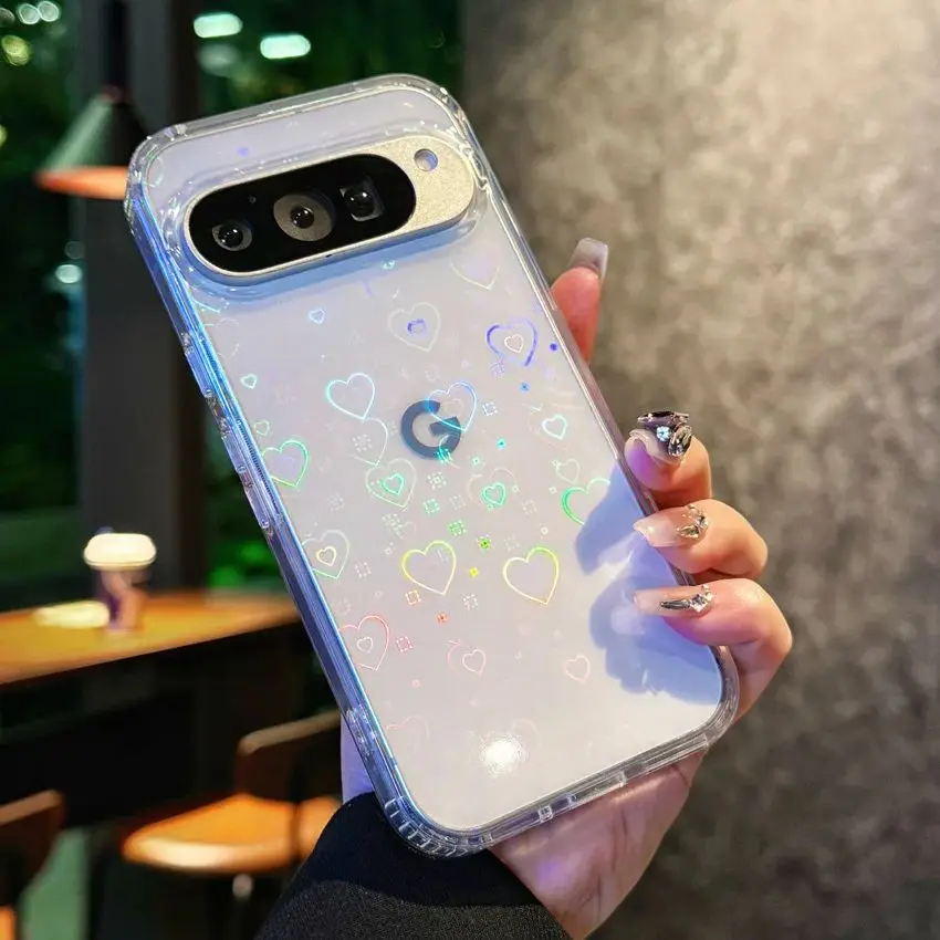 Gradient Laser Love Heart Pattern Glitter Transparent Shockproof Phone Case