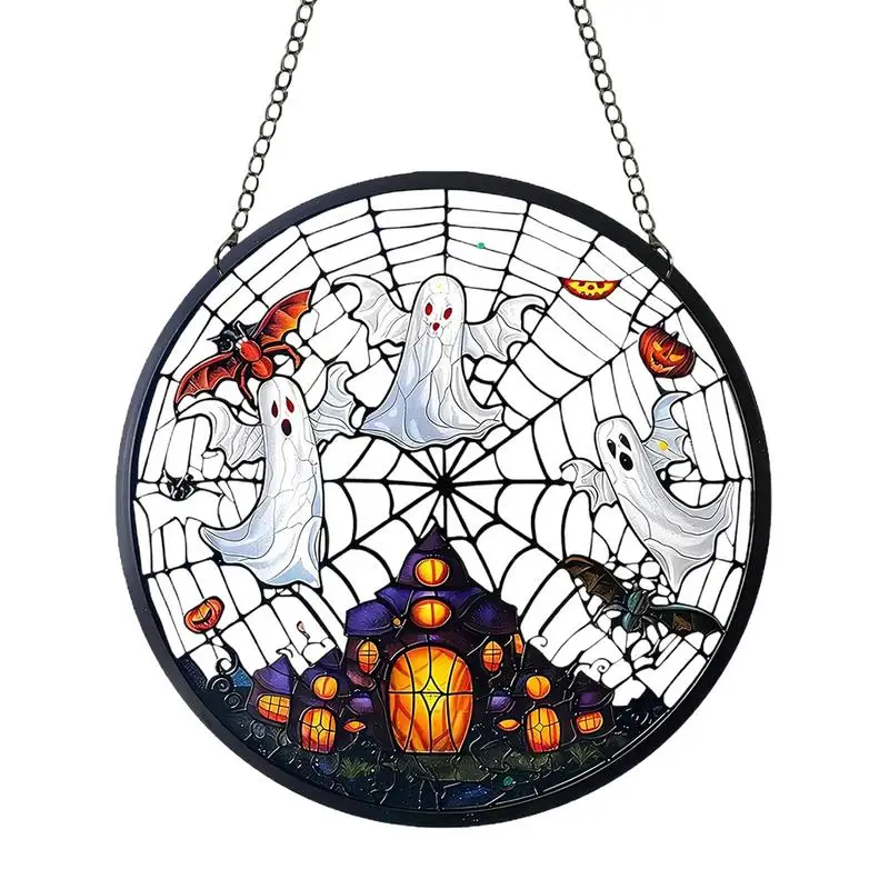 Halloween Sun Catcher Pumpkin Ghost Wall Pendant Ornament Holiday Home Decoration Hangable Ornament Wall Decor Stained Acrylic