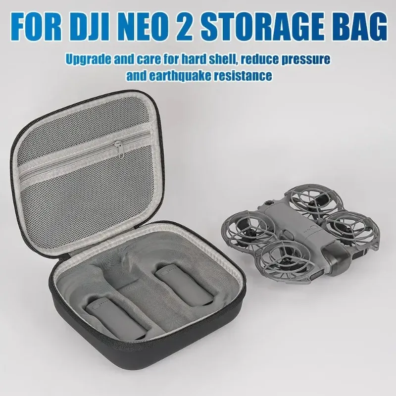 Vue de côté de l'étui compact pour drone NEO 2 avec fermeture éclair et logo.