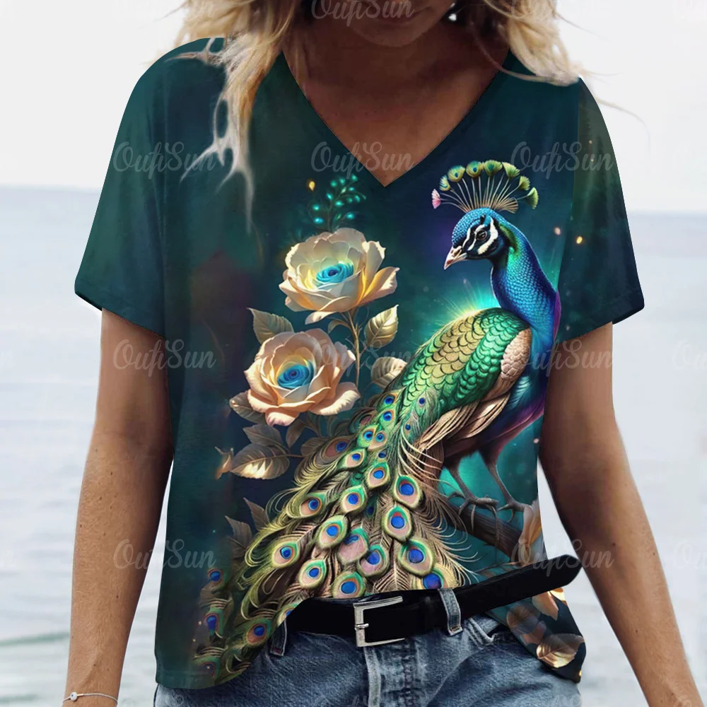 

2024 New Women T-shirt Peacocks Print Plus Size Top Summer Women's Trend Clothing Fashion Short Sleeve Shirt V-Neck Animal Tees