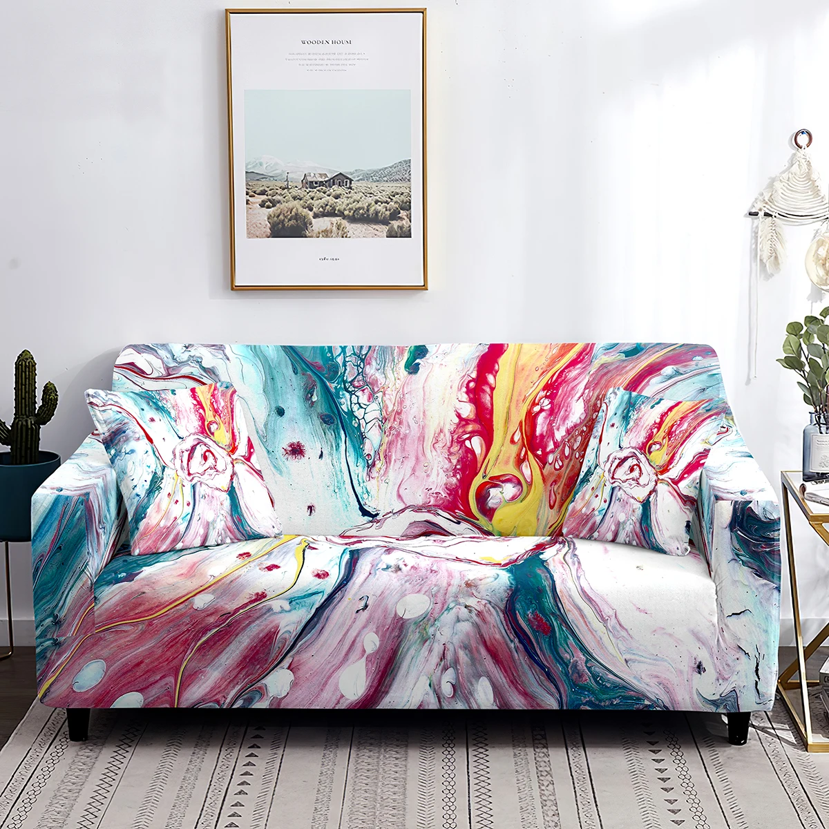 

Marble Sofa Cover Abstract Watercolor Pastel Grey Red Yellow Stretch Sofa Slipcover Washable Furniture Protector From Dust Stain