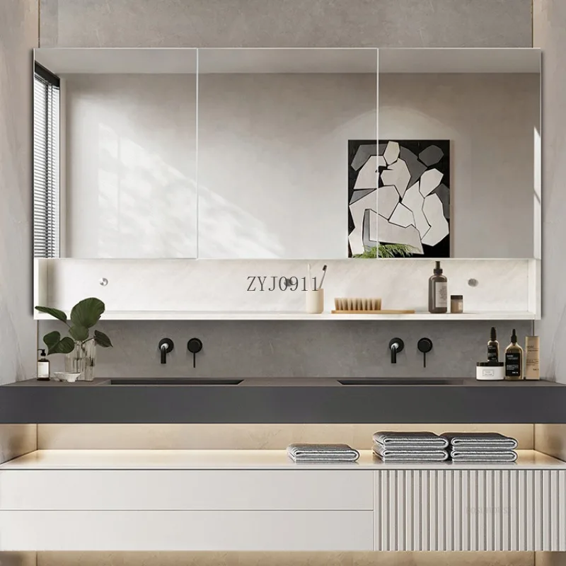 Simple Solid Wood Smart Bathroom Cabinet with Mirror Modern Wall-mounted Bathroom Mirror Storage Cabinet Home Furniture