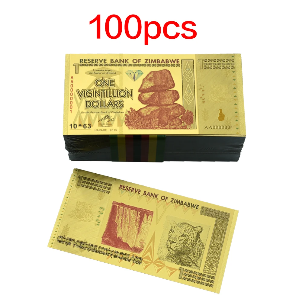 

100pcs/lot Zimbabwe Commemorative Gold Banknotes One Vigintillion Dollars Fake Money Art Ornaments Business Souvenirs