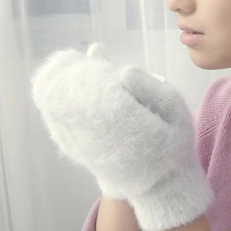 Fingerless Gloves Winter Rabbit Fur Gloves Female Mittens Outdoor Wool For Women Girls Gifts