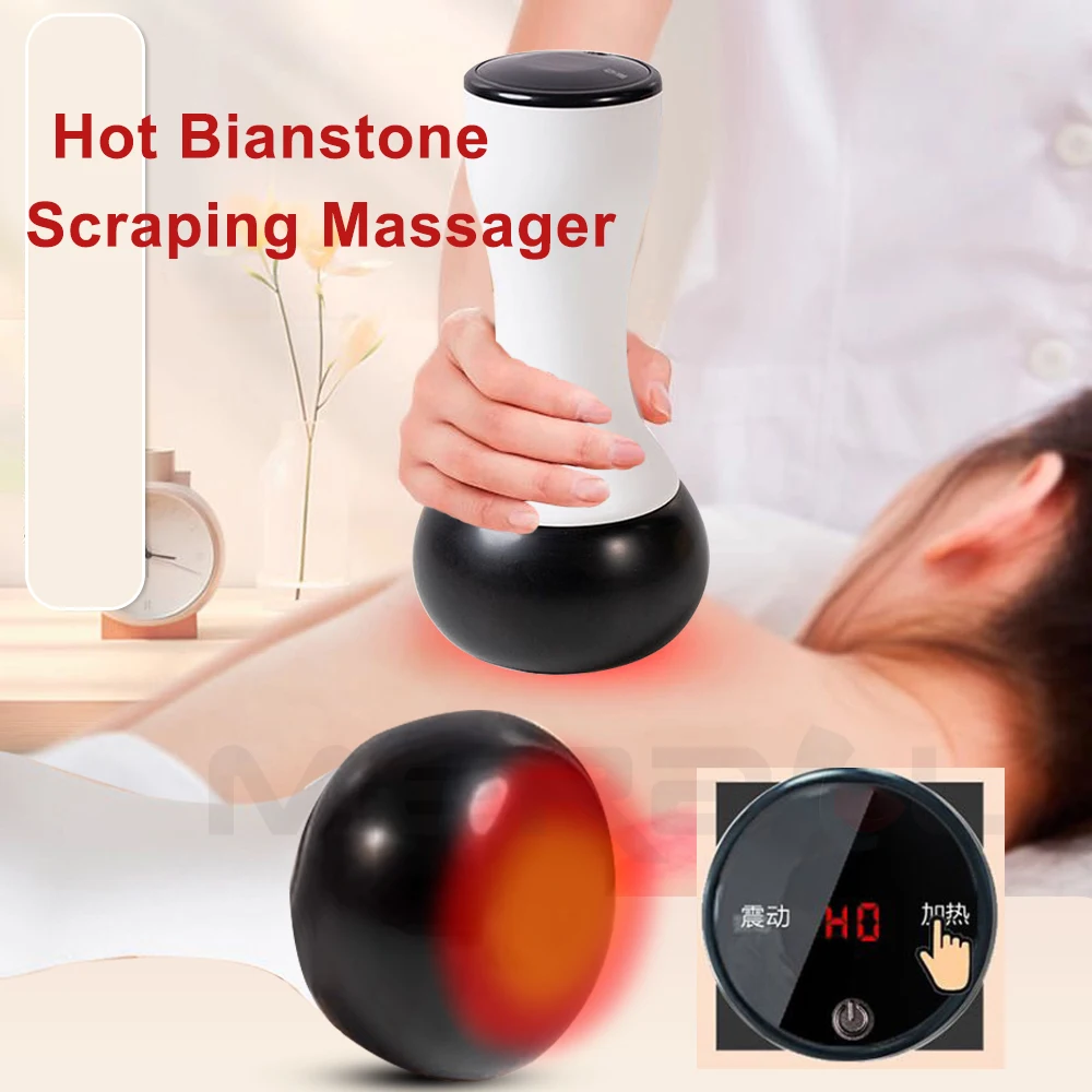 Electric Hot Stone Guasha Massager Natural Bianstone Scraping Back Neck Relax Heating Massage Vibration Skin Lift Care Spa