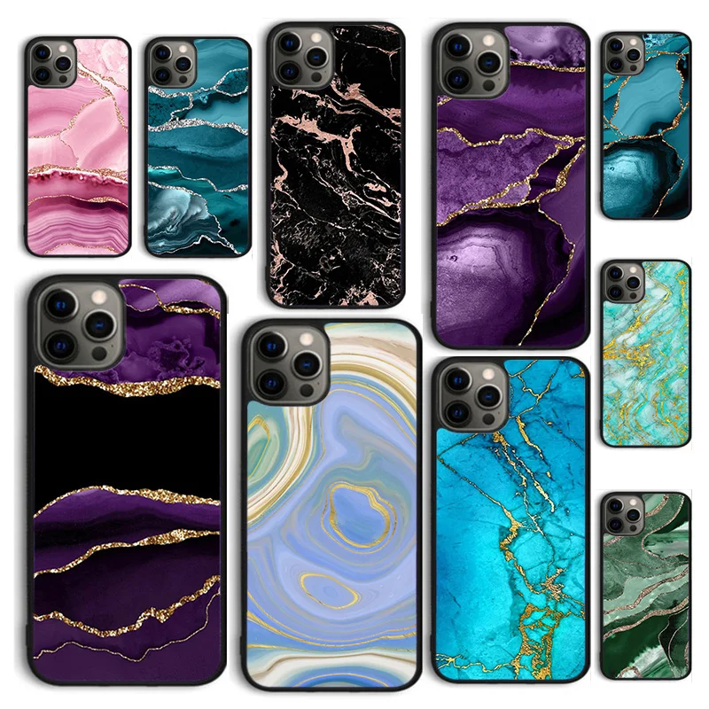 Autumu Teal Blue Gold Agate Marble Cover Per Telefono Per Iphone 15 12 Mini Xs Xr 11 13 14 Pro Max Se2020 Apple 6 7 8 Plus Coque