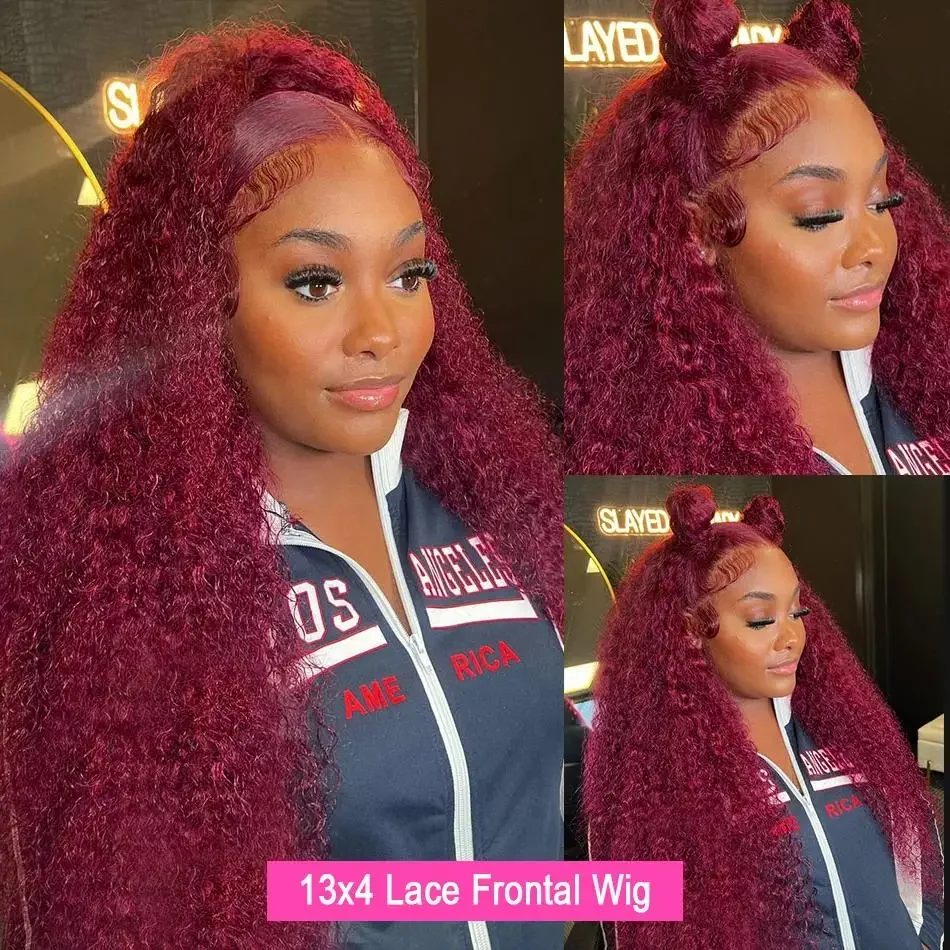 250 Density 30 Inch 13x4 99J Burgundy Deep Wave Lace Frontal Wig Curly Lace Front HD Frontal Human Hair Wigs For Womem