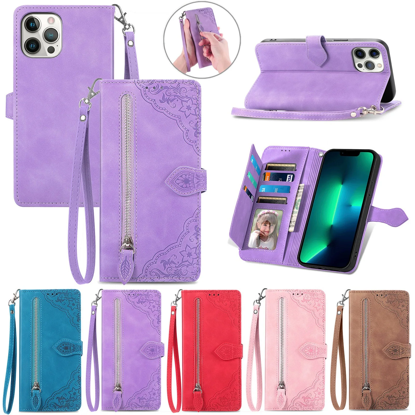 Lace Floral Leather Phone Case with Luxury Lanyard, Card Slots, and Wrist Strap Wallet Flip Cover