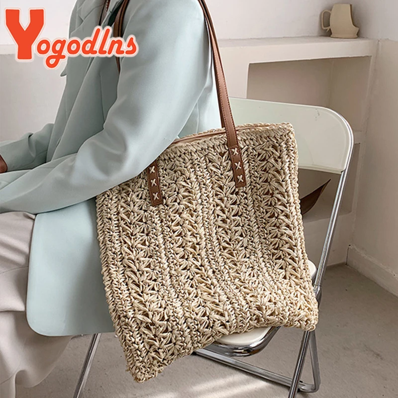 Yogodlns Summer Hollow Out Straw Bag Women Large Capacity Shoulder Bag Handmade Weave Totes Bag Travel Beach Bag Shopping Pouch