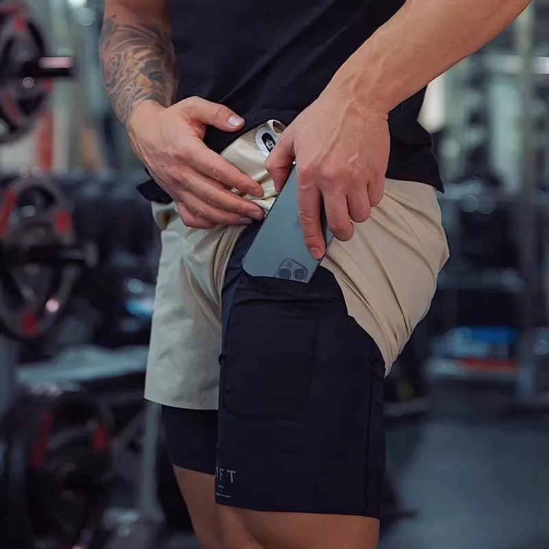Gym Training Running Shorts Sports Shorts Men's Fitness Double layered Fake Two Piece Tight Elastic Muscle Exercise Brothers Capris running shorts,sports shorts,sport shorts