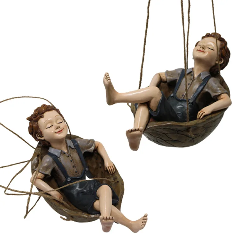 

Resin Carved Cute Cartoon Swing Boy Pendant Creative Outdoor Courtyard Garden Tree Decorations Holiday Gifts