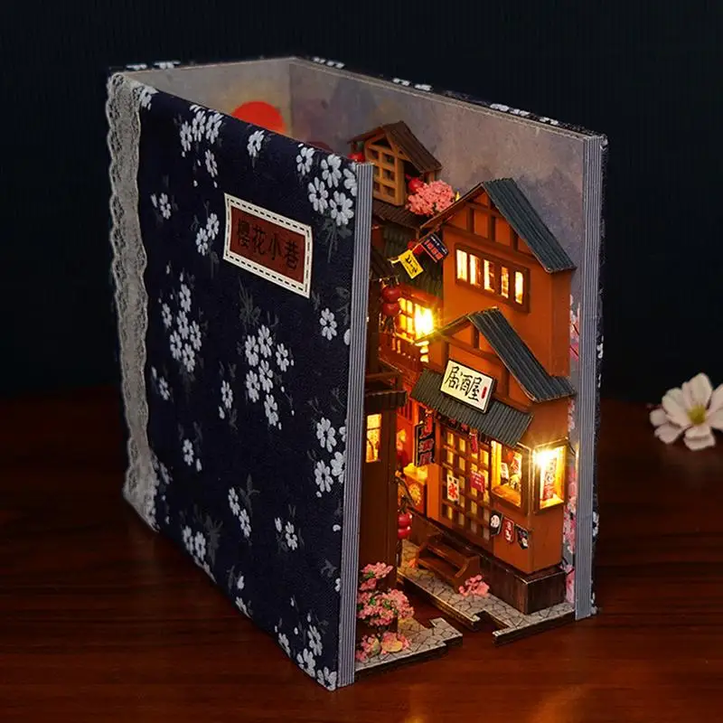 Japanese Style DIY BookNook Kit Decorative Bookend Insert Bookcase Book Stand Miniature House with LED Light Creative Gift