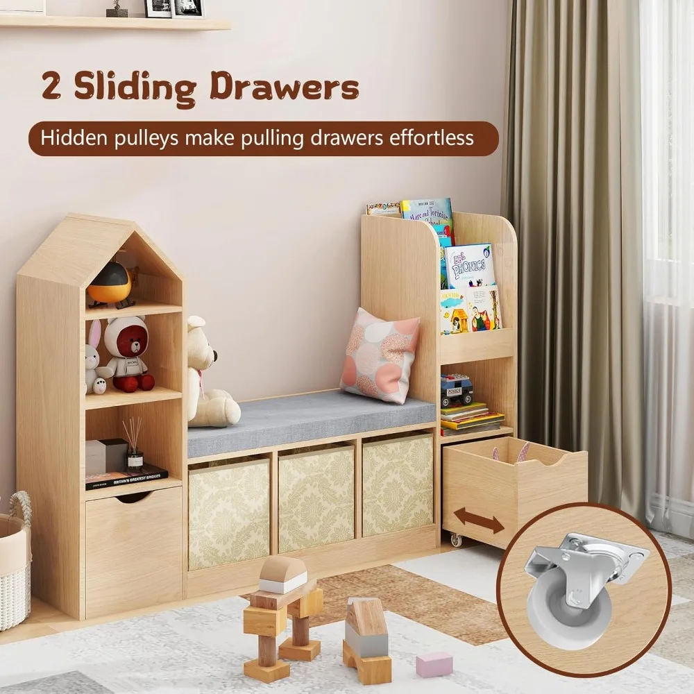 Kids Bookcase with Reading Nook, 7 Storage Cubbies & 2 Drawers, Toy Organizer with Seat Cushion for Playroom