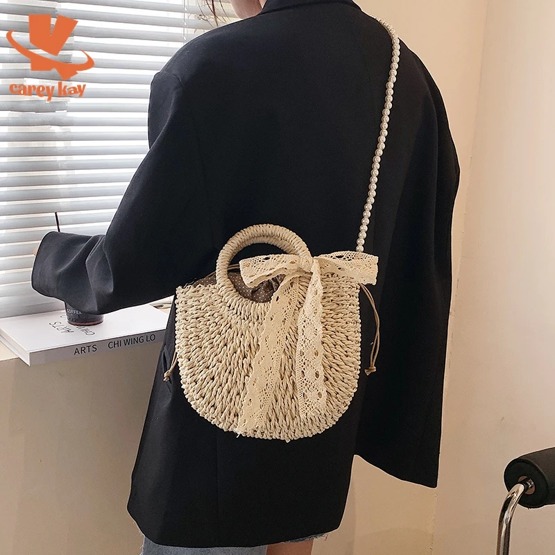 

CAREY KAY Fashion Pearl Chain Women Shoulder Bags Half Round Rattan Straw Handbag 2022 Summer Bohemia Beach Travel Woven Bags