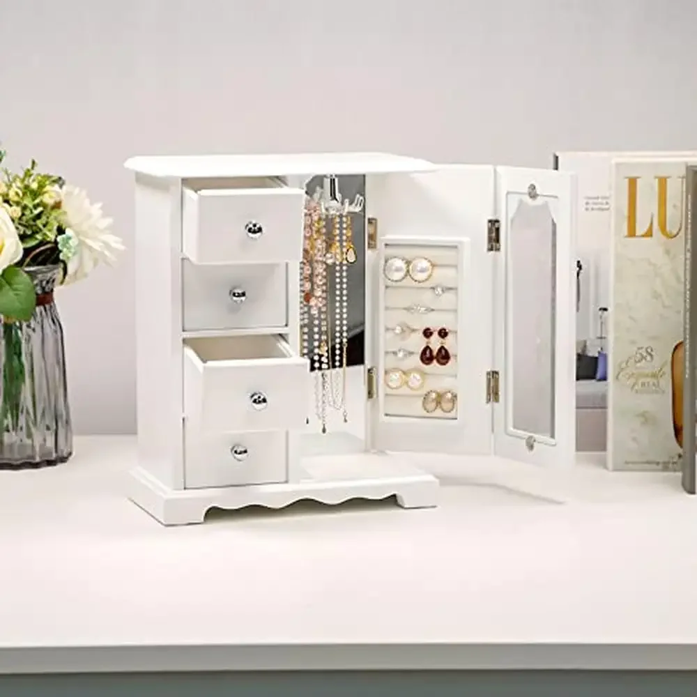 Solid Wood Jewelry Organizer Box with Mirror and Drawer Storage Elegant Butterfly Design Multi-functional Rings and Accessories 6