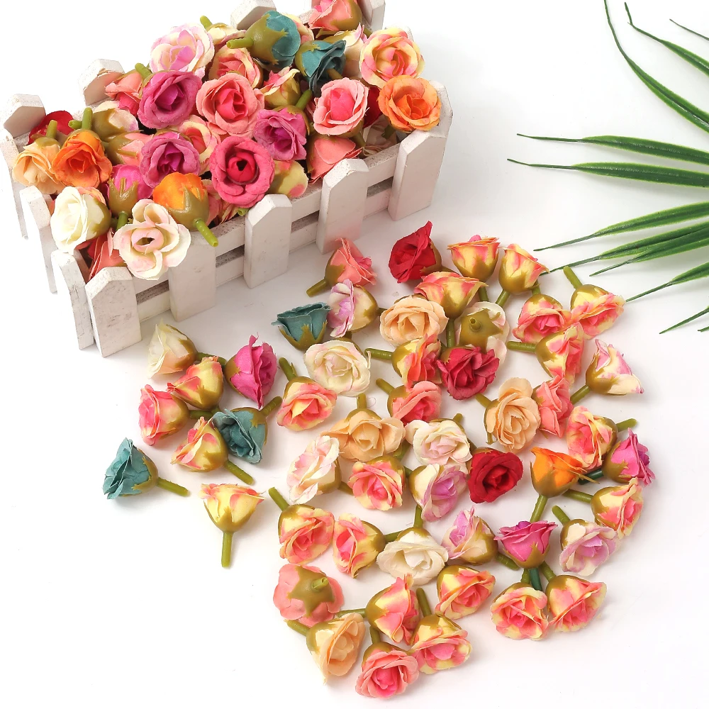 Duories 100 pz Fiori Mini in Testa di Rosa, Nastri con Foglie, Fiori Artificiali per Applicazioni, Decorazioni Fai da Te, per Garland Scrapbooking e Accessori per Capelli, Multicolore