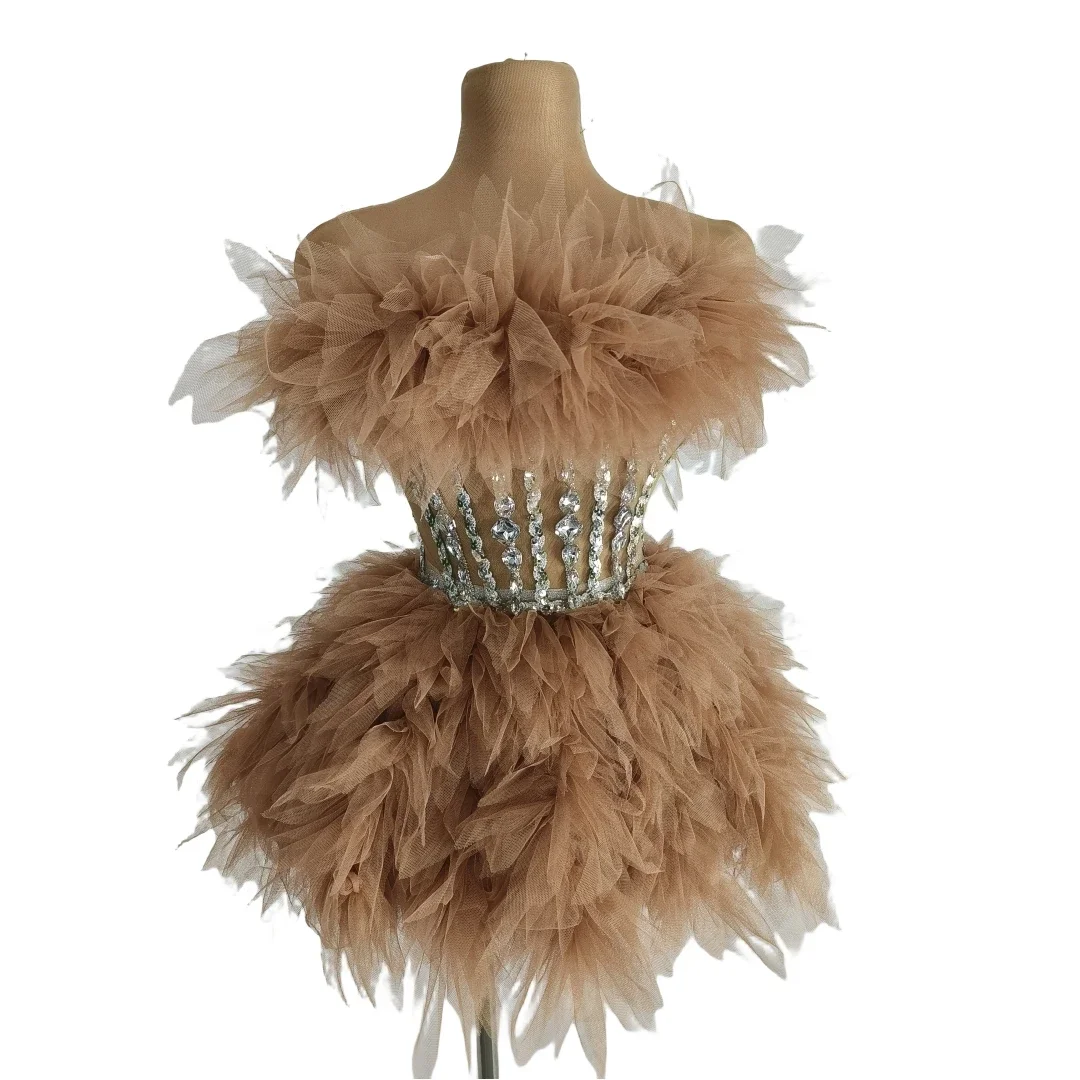 

2 Pcs Set Rhinestone Sequin Women Mini Sexy Dress Khaki Glitter Dancer Singer Showgirl Stage Wear Nightclub Drag Queen Costume