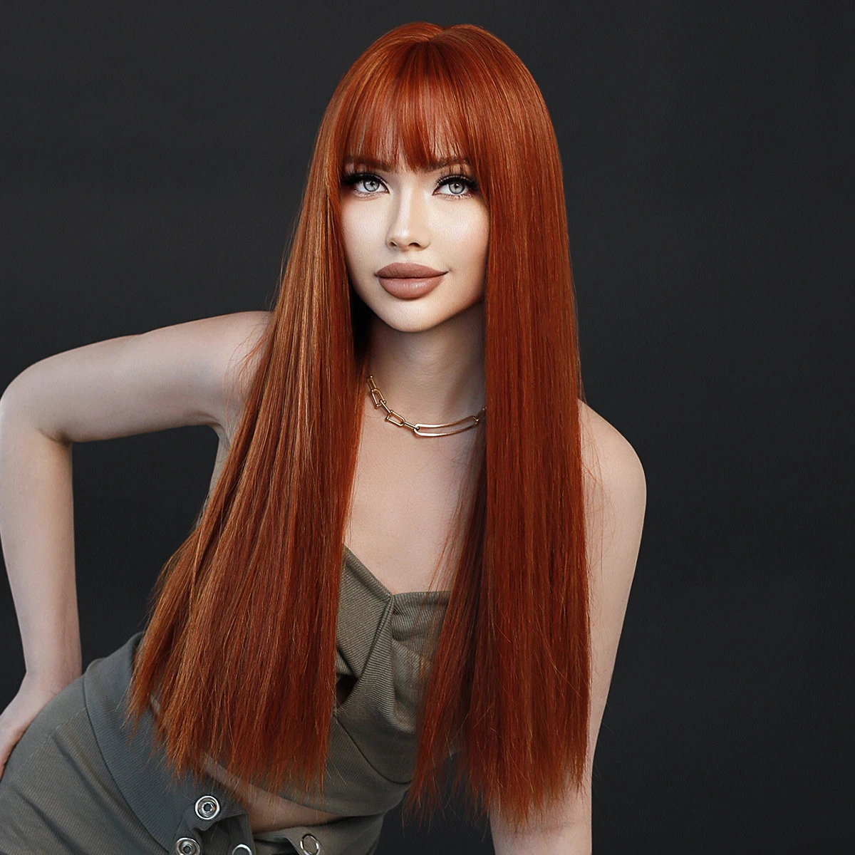 NAMM Long Straight Deep Orange Wig For Women Daily Party Natural Synthetic Middle Part Wig Heat Resistant Fiber LongStraight Wig