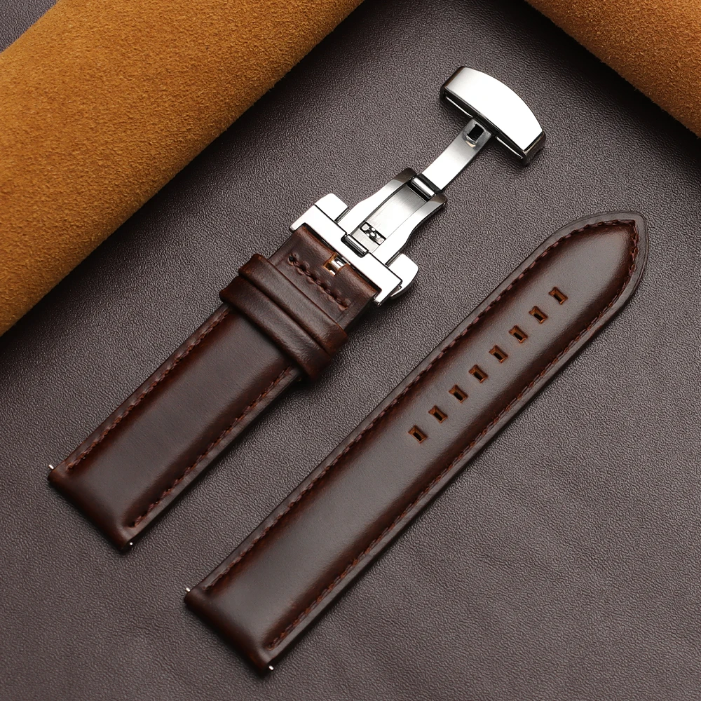 Luxurious Dark Brown Calfskin Leather Watchband with Butterfly Buckle