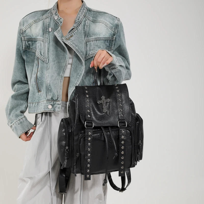 Women Fashion Backpack Multi Pocket Leather Student Laptop Shoulder Bag Punk Rivet Black Handbag For Rock Girls Travel Rucksack 3