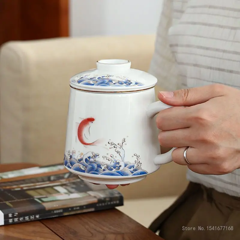 Ceramic Chinese Style Teacups, Drinkware Mugs, Belt Cover Filter Mug Tea Water Separation Cup , Coffee Cups, 500ml, 1Pc