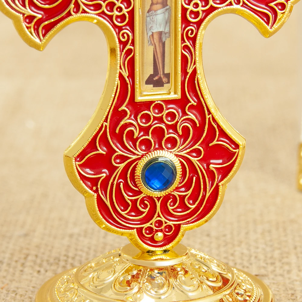 HTISOK Östliches orthodoxes Kreuz, Jesus-Kruzifix, christliches stehendes Kreuz mit Sockel für kirchliche Heimdekoration, religiöse Lieferungen – Detail 8