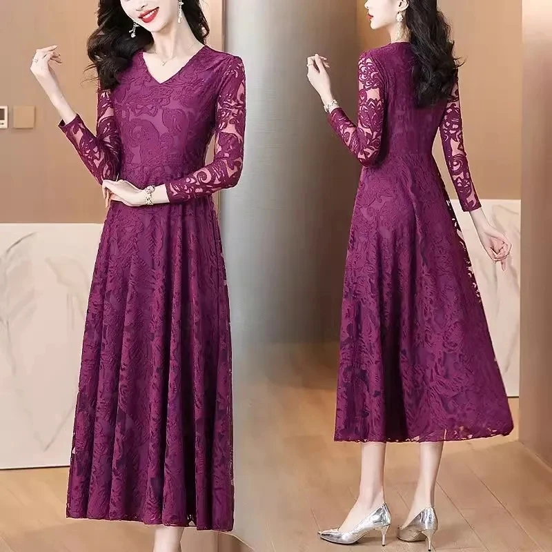 Fashion Women's Pleated Dress Autumn And Winter 2026 New Lace-Up Long Velvet Stitching Lace Large Swing party Dresses Elegant