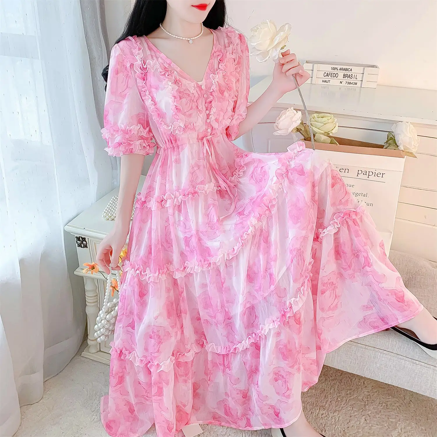 

Gentle Temperament V-neck Floral Super Fairy Dress Women's Summer French Chiffon Romantic Retro Wear Long Dress