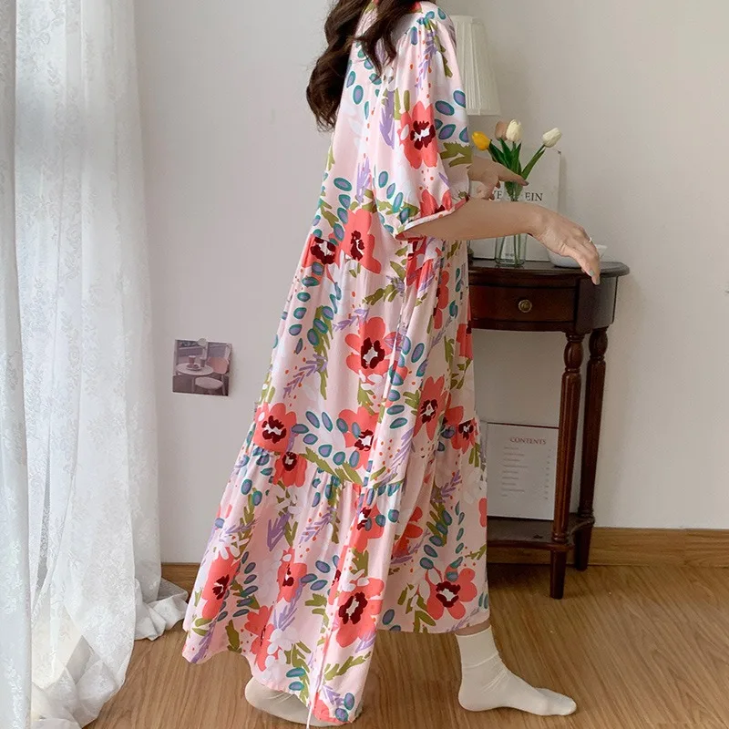 New Floral Print Nightgowns Women Sexy Sleepwear Fashion Plus Size Night  Dress Viscose Cotton Thin Summer Female Nightwear - Nightgowns & Sleepshirts  - AliExpress