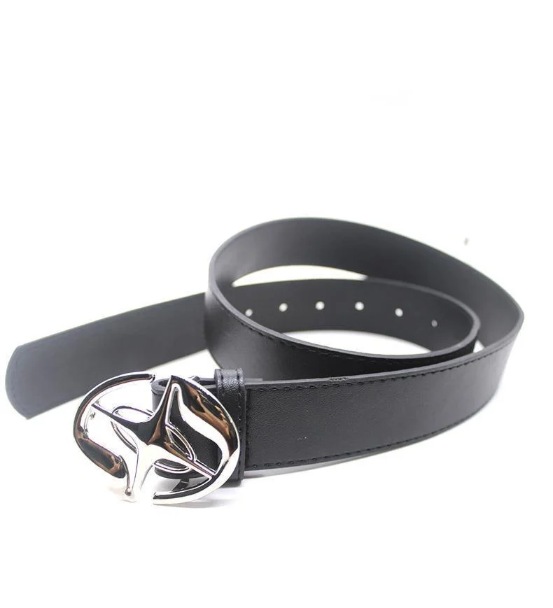 2023 New Ins Style Men's and Women's Retro Fashion Versatile Pure Black Belt Logo Metal Button Head Belt_voghion.com