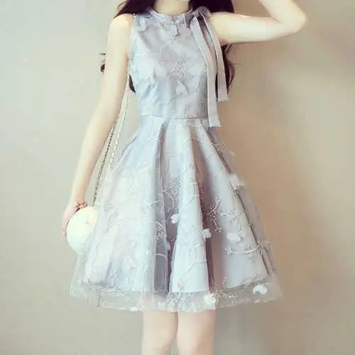 

Женское жаккардовое платье с цветочной вышивкой, короткое Сетчатое платье без рукавов с завышенной талией и бантом в Корейском стиле