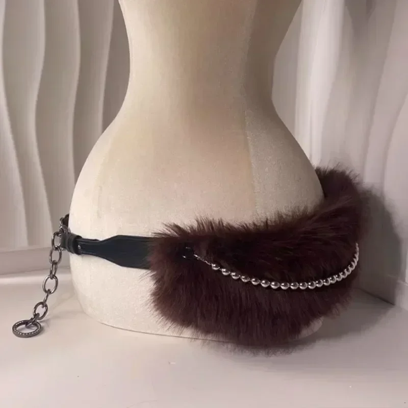 Vintage Y2K Faux Fur Punk Waistband with Metal Bead Chain
