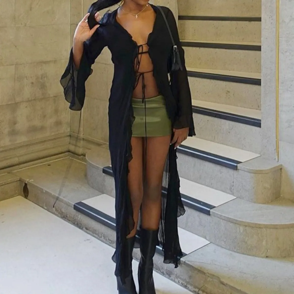 

Summer Tie Up Long Cardigan Solid Black Women Long Sleeve Open Front Ruffles Sheer Mesh Shirt Blouse Beach Streetwear