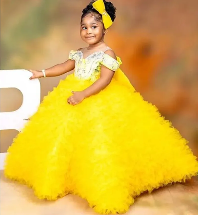 

Yellow Flower Girl Dress Tulle V-Back Beaded Puffy Lace Baby Birthday For Wedding Princess Party First Communion Ball Gowns