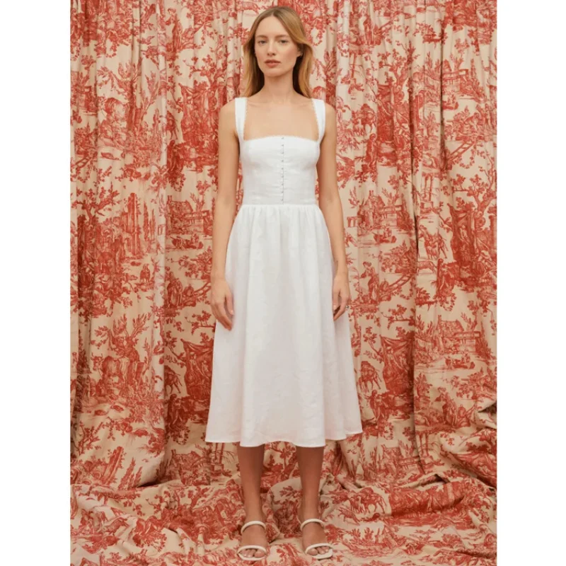 

Reform@tion Summer New White Square Neck Strap Mid length Dress 2023 French Retro Women's Dress