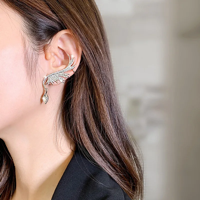 Spark Rhinestones Angel Wing Drop Earrings For Women Femme Gold Color