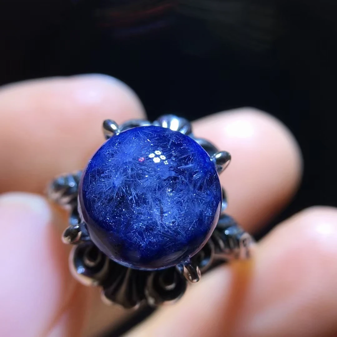 

Natural Blue Rutilated Dumortierite Quartz Flower Adjustable Ring 10.7mm Oval Big Woman Men Ring Jewelry AAAAA