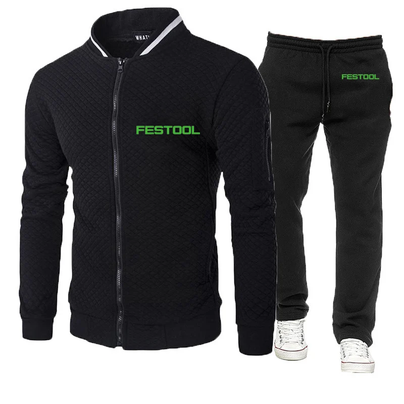 

2023 Festool Tools Men's New Round Neck Zipper Jacket Sports Fitness Tracksuit Hooded Sweatshirts + Fashionable Pants Man Suits