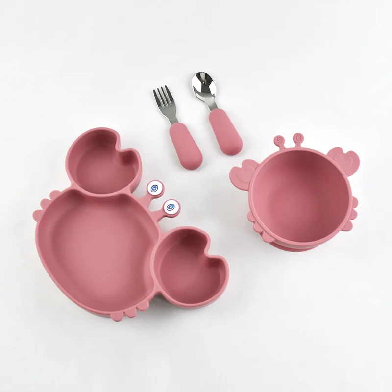 4Pcs/Set Baby Safe Silicone Dining Plate Cartoon Crab Bowl And Stainless steel Fork Spoon Children Fall Prevention Tableware Set 6