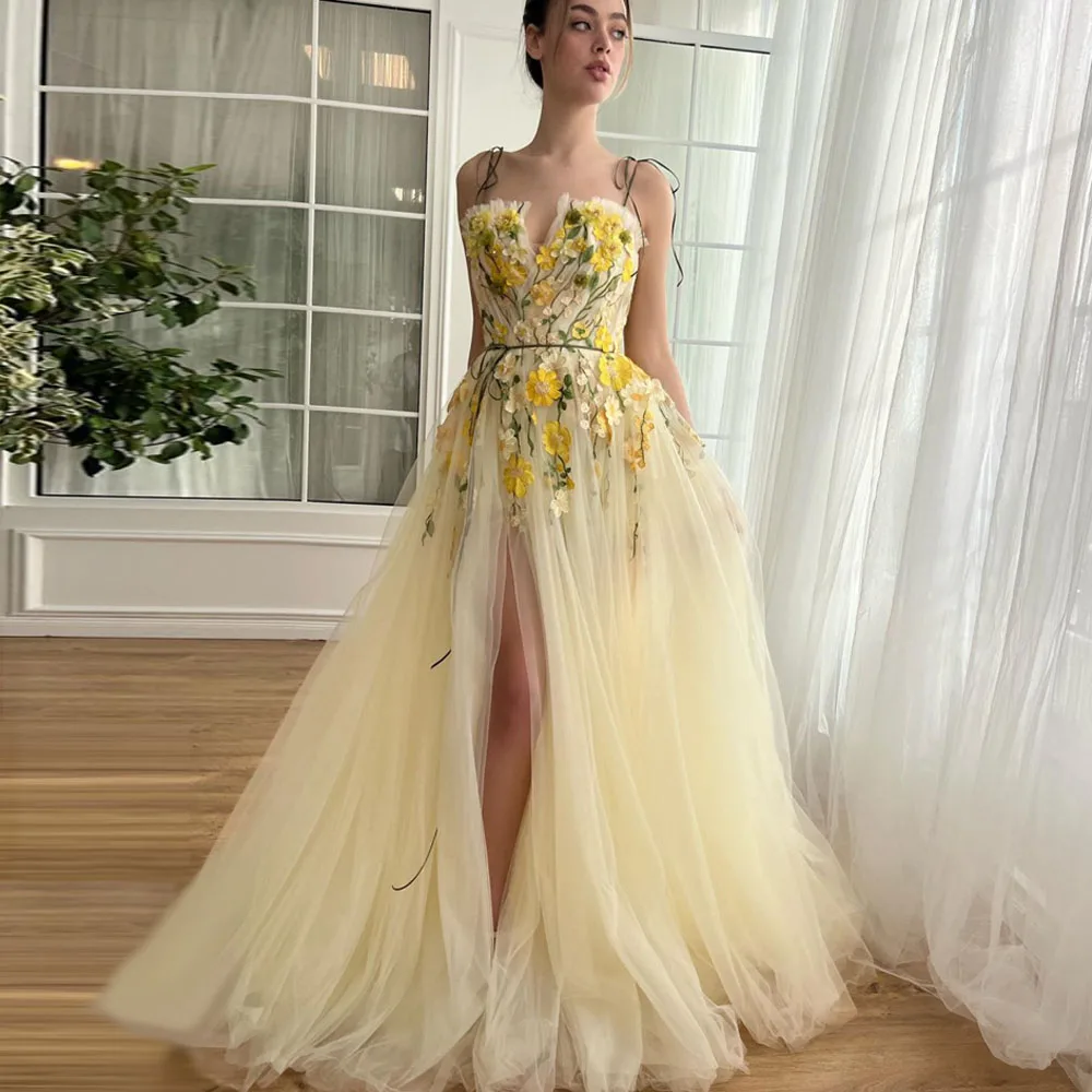 Dubai Yellow Off Shoulder Floral Side Slit Long Evening Dress main image 1