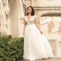 Classic Chiffon Wedding Dresses Plus Size V-Neck Cap Sleeves Bride Gowns Lace Back Button Sweep Train A-Line Vestido PSL980012 1