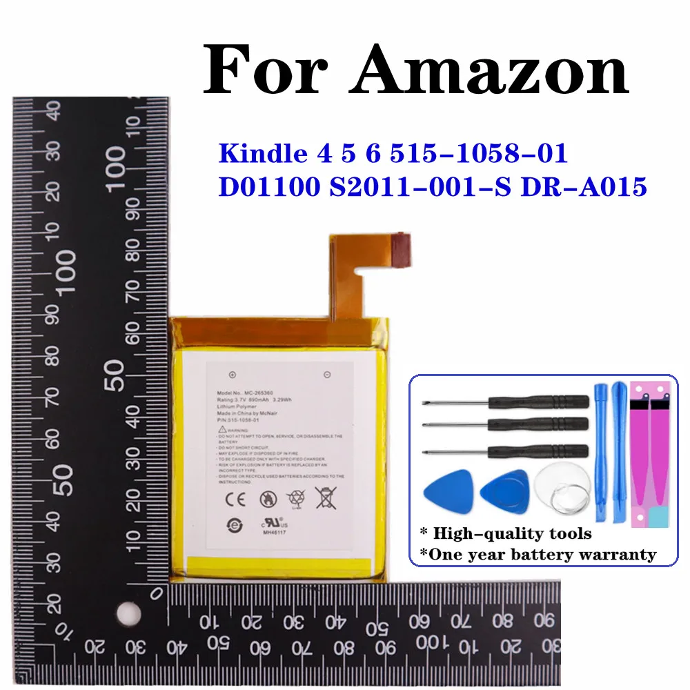 

New 890mAh High Quality Phone Battery For Amazon Kindle 4 5 6 D01100 515-1058-01 MC-265360 S2011-001-S DR-A015 Battery + Tools