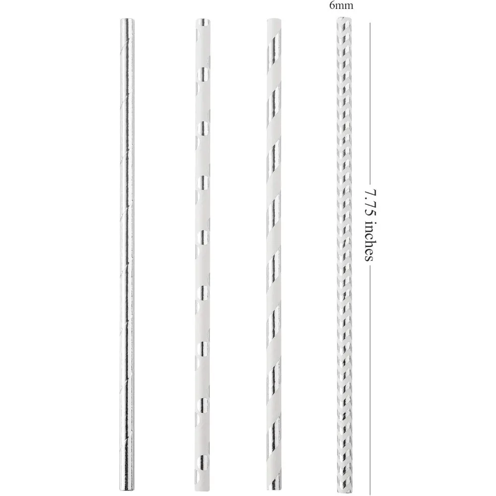 100 Pcs Biodegradable Silver Paper Straws Bulk, Metallic Foil Striped/Wave/Dots Straws for Birthday, Wedding, Party Supplies